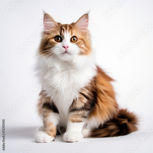 fluffy red kitten sitting on a white background