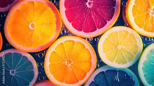 Fresh Fruits slice with water Splash Falling, background, illustration. Orange, lemon juicy citrus mix slice pattern. Grocery product package, advert photo