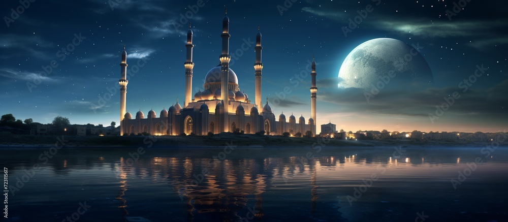 Holy month of Ramadan. Cityscape night background. View of a mosque in moon light reflecting in the river.