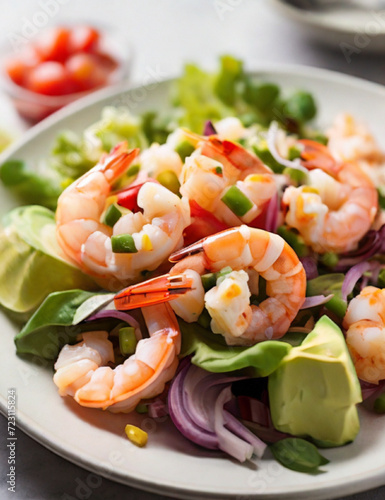 A plate of low-fat shrimp salad. Generative AI.