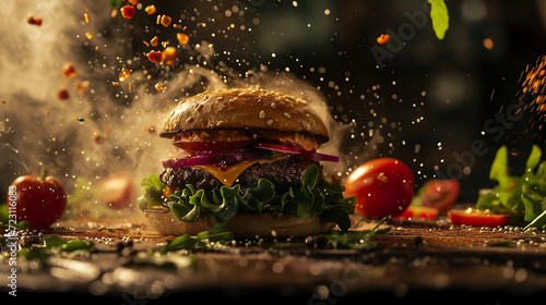 High-Speed Action Shot of a Burger on a Table Being Assembled with Ingredients Flying into Place