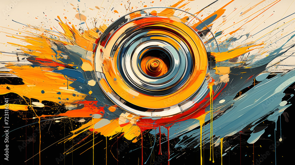Vinyl record, abstract art and vibrant colors in musical expression ...