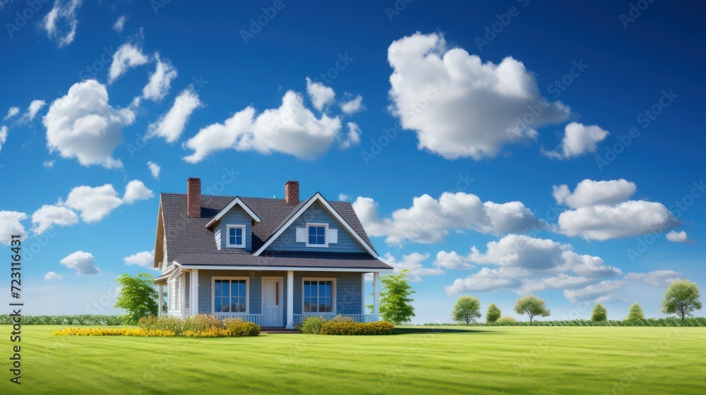 Real estate property business with a photo of a modern minimalist house, with a bright blue sky background, copy space background wallpaper.