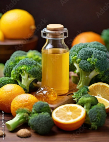 Food for immunity stimulation and viruses protection. broccoli, citrus fruits, honey, ginger. Generative AI.