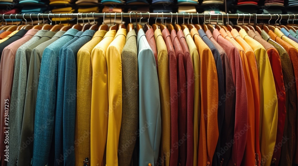 custom made wallpaper toronto digitalMany collections of complete male outfits neatly arranged in rows, different colors, different designs for male. Generative AI.