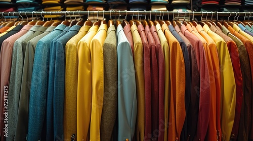Many collections of complete male outfits neatly arranged in rows, different colors, different designs for male. Generative AI.