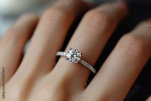 Closeup on the woman wearing a minimal diamond ring