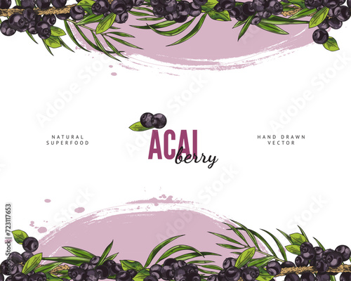 Seamless pattern border with Acai berries and leaves, fresh black berries with foliage, vector hand drawn natural fruit