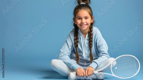 Beautiful cute little preschool girl model wearing a tracksuit, sitting in a studio and holding a tennis racket and smiling at the camera. Sport competition sphere object or equipment for player