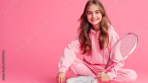 Beautiful cute little preschool girl model wearing a tracksuit, sitting in a studio and holding a tennis racket and smiling at the camera. Sport competition sphere object or equipment for player photo