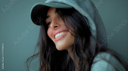 Studio portrait photography of a beautiful young woman with black hair wearing a cap and a hood, smiling. Youthful female pretty and gorgeous model, Attractive girl indoors, photogenic person