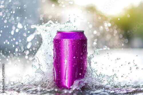 mock up product photograph of a purple color aluminum soda can isolated in splash of water with copy space for text. Fresh water splash around mockup metallic can. blank metal can lemonade