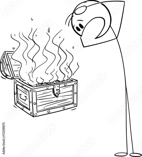 Money in Treasure Chest Are Burning, Vector Cartoon Stick Figure Illustration