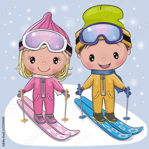 Cartoon skiers boys girl