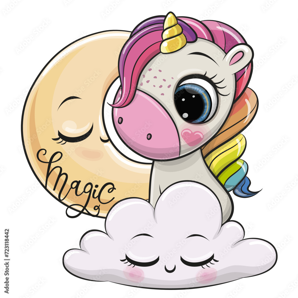 Obraz premium Cartoon Unicorn is sitting a on the Cloud