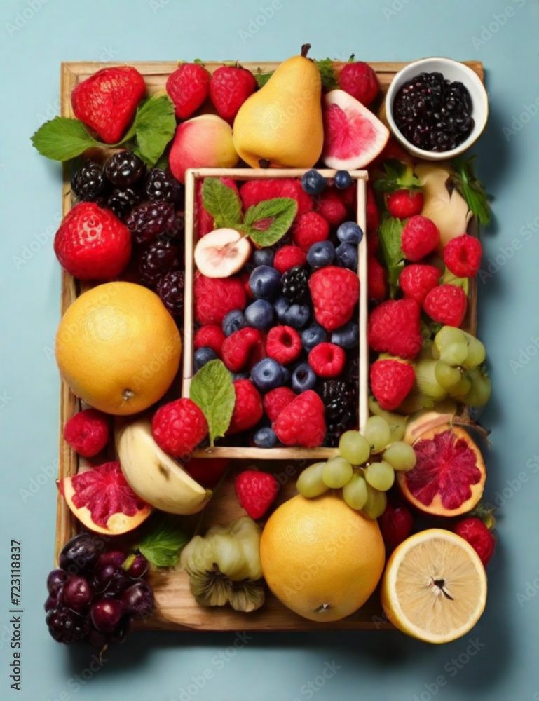 Mix of food frame ingredients with fruits. Generative AI. Mix of food frame ingredients with fruits. Generative AI.