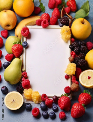 Mix of food frame ingredients with fruits. Generative AI.