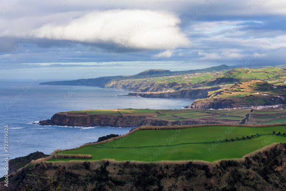 São Miguel island in the Azores with the beautiful landscapes and green filds