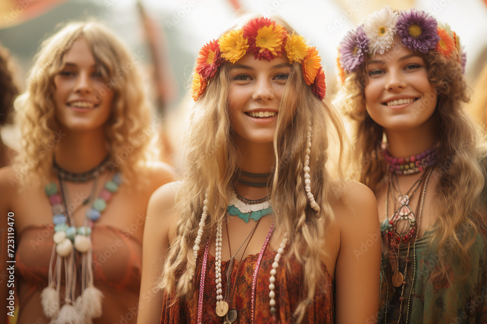 Funny happy hippie best friends on festival concert retro party event nature Generative AI Funny happy hippie best friends on festival concert retro party event nature Generative AI