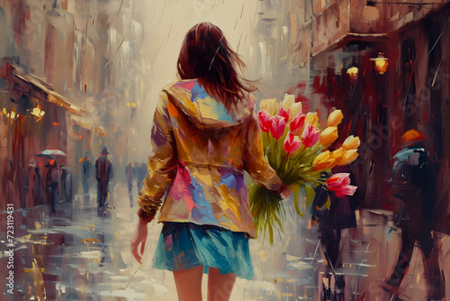 A portrait of a girl with a bouquet of tulips from the back against the background of a city landscape written in oil paints. The concept of the arrival of spring and International Women's Day #723119431
