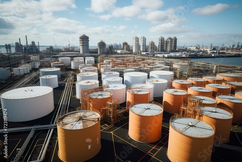 Aerial view of silos used for storage in heavy industries, close-up of chemical liquid metal container structures in the port of Amsterdam. Generative AI