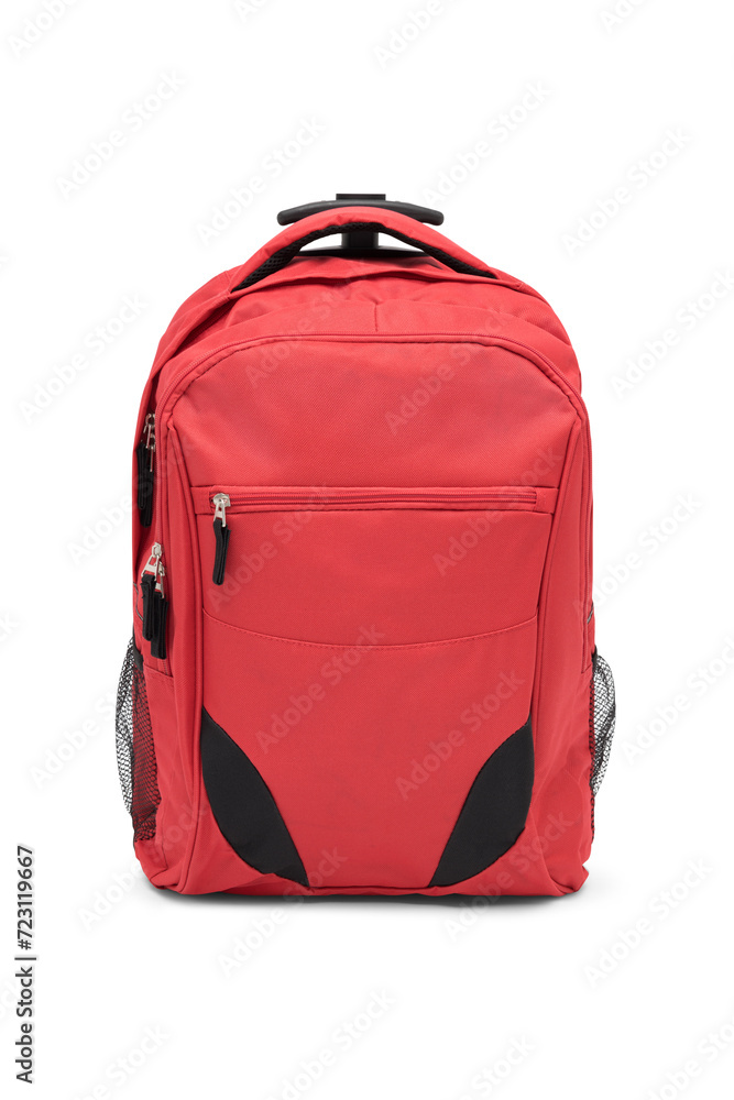 Fototapeta premium rolling red backpack isolated on white background. travel daypack with zippered and shoulder straps. satchel rucksack. canvas school backpack. foldable stand bag with handle and wheels. 