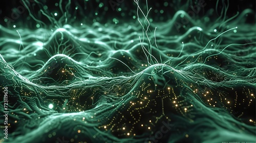 Network of hundreds of interconnected neurons that flash, one neuron is cybernetically modified and consists of green glowing microprocessors. Generative AI.