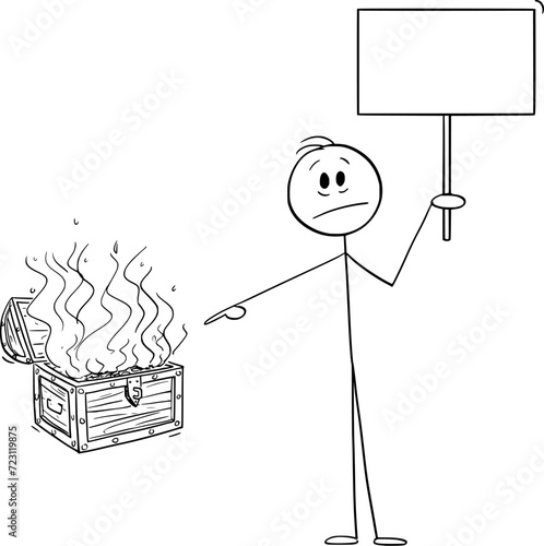 Money in Treasure Chest Are Burning, Vector Cartoon Stick Figure Illustration