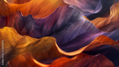 Macro blend of sycamore and aspen leaves forming a 3D wavy structure, with flowing forms and gentle swirls.