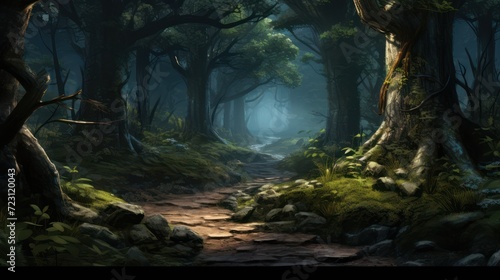 Illustration of a lush dark forest with a dirt road. Tropical rainforest wildlife.