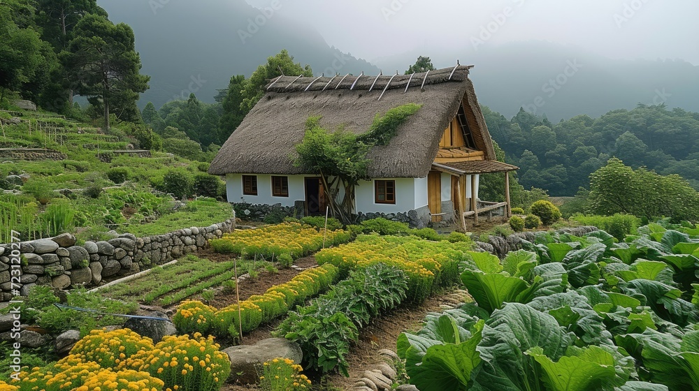 A thatched cottage built on a mountain with small vegetable garden, high-definition. Generative AI.