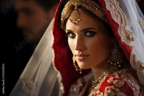 Generative ai picture collage of asian arab bride wear traditional wedding dress