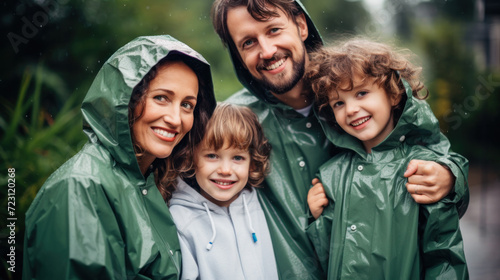 Great time on rainy day with my family. happy family in green raincoats photo