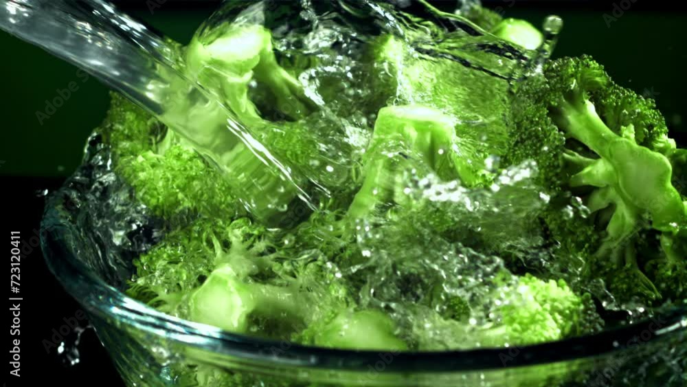 A stream of water pours into a plate of broccoli. Filmed on a high-speed camera at 1000 fps. High quality FullHD footage A stream of water pours into a plate of broccoli. Filmed on a high-speed camera at 1000 fps. High quality FullHD footage