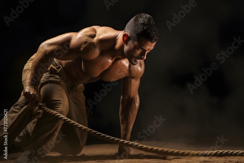 Strong man with crossfit rope