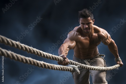 Strong man with crossfit rope