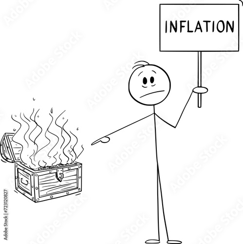 Inflation, Money in Treasure Chest Are Burning, Vector Cartoon Stick Figure Illustration