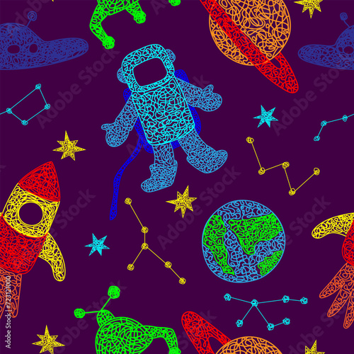 Seamless pattern with hand drawn stars, flying sauer, planet, mars rover, rocket, earth planet,constellations on purple background in childrens naive stlyle.