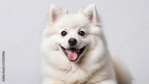 Portrait of White german spitz dog on grey background