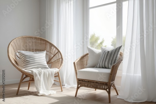 Sheer white curtains on the window of a white living room interior with a striped  linen pillow on a modern wicker chair