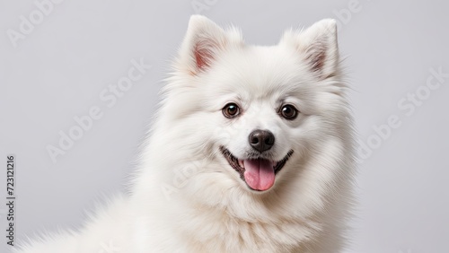 Portrait of White german spitz dog on grey background