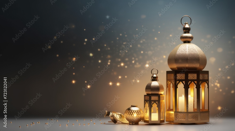 Fototapeta premium Candle lantern Fanoos decoration, Islamic holiday Ramadan Kareem ornament wallpaper, eid al fitr and eid al adha background.