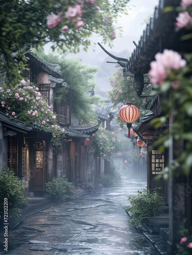 Behold a Japanese landscape street scene drenched in rain, with a backdrop of blooming flowers essence of a traditional Japanese landscape. photo