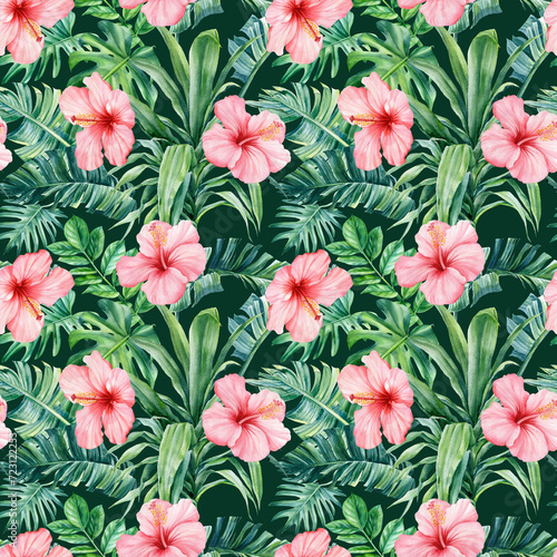 Tropical hibiscus flower, leaf watercolor botanical Seamless pattern. Watercolor tropical background hand drawn flora