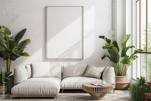 Frame mockup with ISO A paper size, showcasing a living room wall poster mockup against a modern interior design background, presented in a 3D render. © Scandinavy