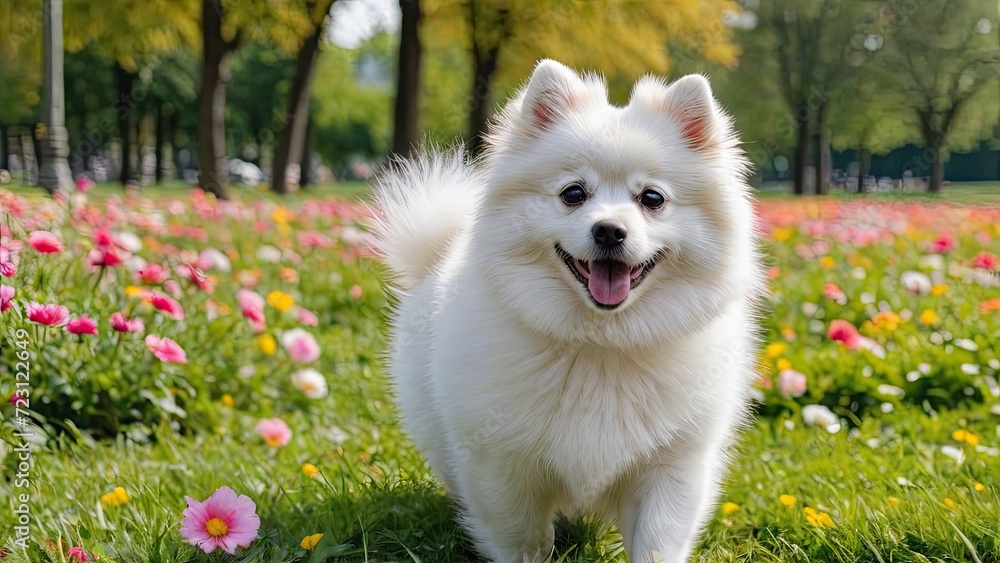 White german spitz dog in flower field White german spitz dog in flower field