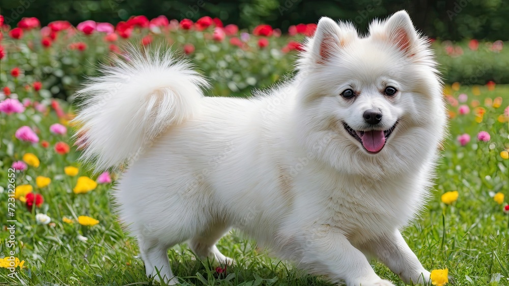 White german spitz dog in flower field White german spitz dog in flower field