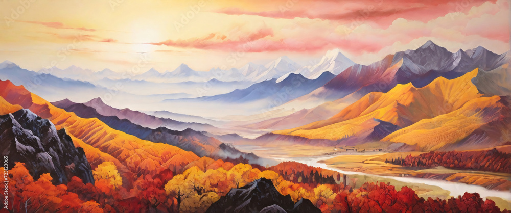 Autumn Mountain Range. A vast mountain range in autumn, with layers of hills receding into the distance. The foliage on the mountains is a mix of vibrant reds, oranges, and yellows