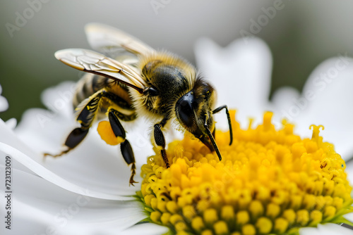 A close-up of a bee on a bloom of chamomile.
