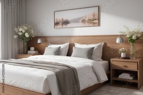 Bright and natural hotel room interior with single bed and wooden nightstand with flowers © Dhiandra